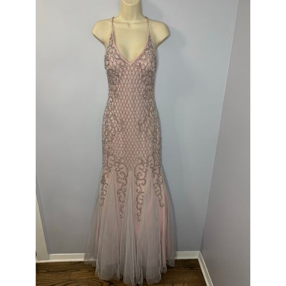 Xscape Beaded Lattice Mermaid Dress with Crisscross Back Pale Pink Prom Womens 4 - Picture 5 of 16